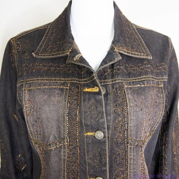Laura Ashley brown beaded embroidered button up jean jacket, size M - Picture 6 of 16
